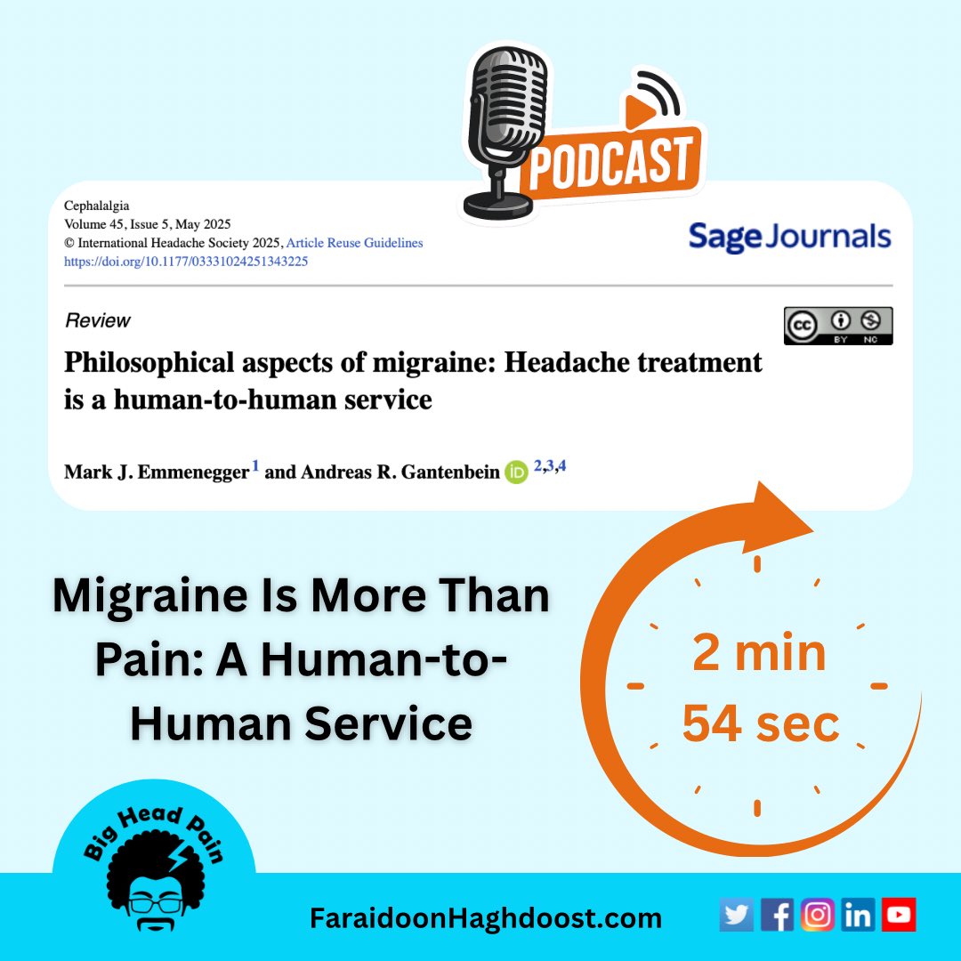 faradoost's tweet image. Migraine is more than pain. This podcast explores a 2025 paper on treating migraine as a human-to-human service, not just a diagnosis.
Link to the podcast: youtu.be/JuQsqipzrYk?si…
#migraine #headache #narrativemedicine #neurology
Link to the paper: journals.sagepub.com/doi/full/10.11…