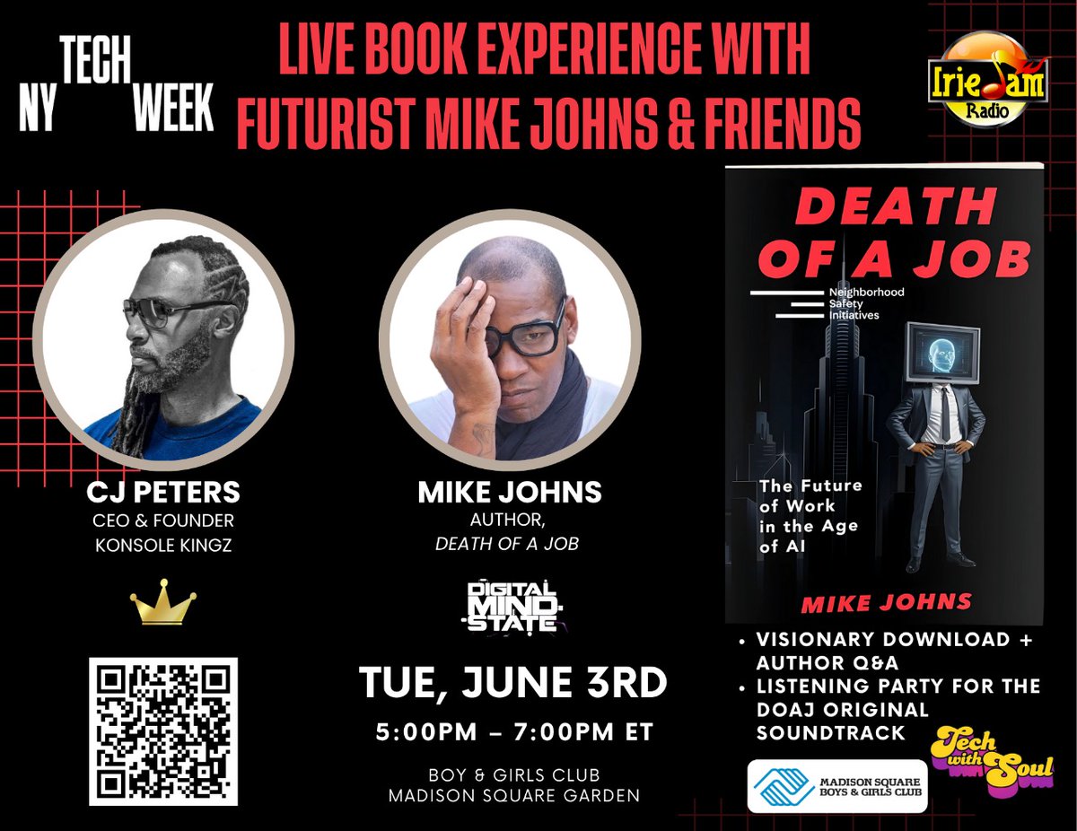 techthisoutnews's tweet photo. Just 1 hour left! Sign up now to attend! 

Join Mike Johns &amp; CJ Peters at Death of a Job — a live, immersive experience on the future of work, AI &amp; reinvention.

🕔 5–7PM
🔗 RSVP now: https://t.co/ihS3sNISYx

#YoTechThisOut #FutureOfWork #DeathOfAJob #NYTechWeek @Techweek_ @a16z https://t.co/khP051mXFA