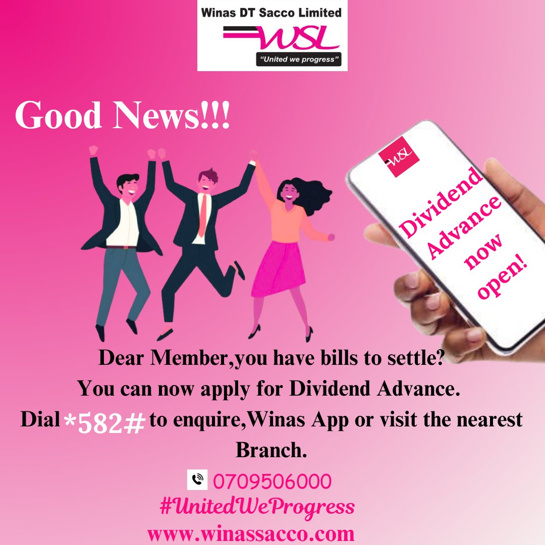 Good News!!!
Dear Member, you can now apply for dividend advance. Dial *582# to make a loan enquiry and apply, M-Winas App or visit your nearest branch.
For enquiries, contact us on 0709506000.
We appreciate your continued patronage of our products.
#UnitedWeProgress