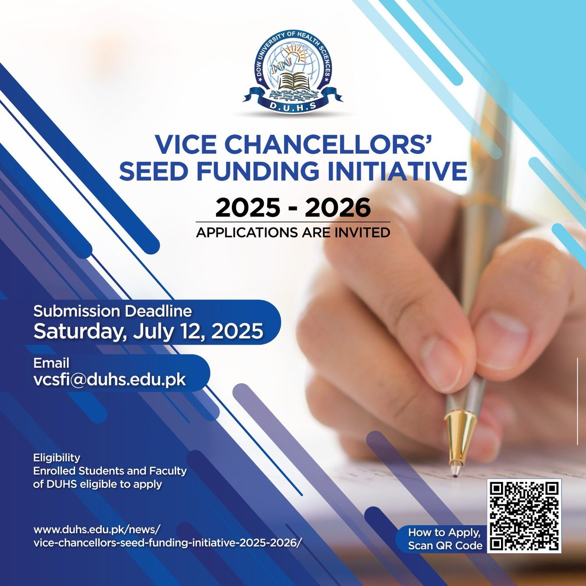 Dow University of Health Sciences (DUHS) (@dow_uni) on Twitter photo Dow University of Health Sciences (DUHS), is pleased to announce the call for proposals for Vice Chancellors’ Seed Funding Initiative (VCSFI) for the 2025–2026 academic cycle.
For Full RFP and Application: duhs.edu.pk/news/vice-chan…
For Questions: vcsfi@duhs.edu.pk Dow University of Health Sciences (DUHS), is pleased to announce the call for proposals for Vice Chancellors’ Seed Funding Initiative (VCSFI) for the 2025–2026 academic cycle.
For Full RFP and Application: duhs.edu.pk/news/vice-chan…
For Questions: vcsfi@duhs.edu.pk