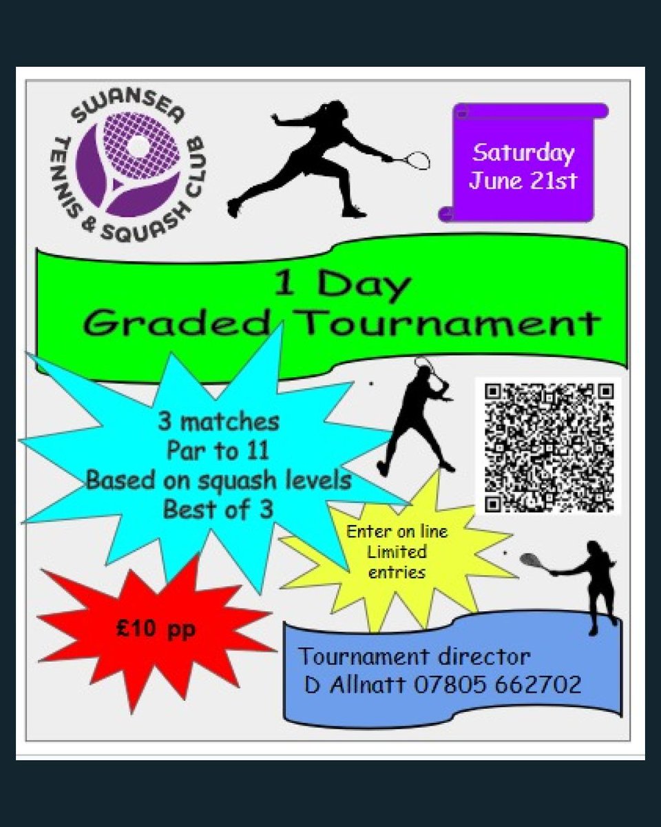 Another one-day graded tournament, this time at Swansea Tennis &amp; Squash Club on Saturday 21st June. 

£10 entry fee, 3 matches!

Contact the Tournament Director, D Allnatt on 07805 662702 or message @swanseatennisandsquashclub to find out entry details.