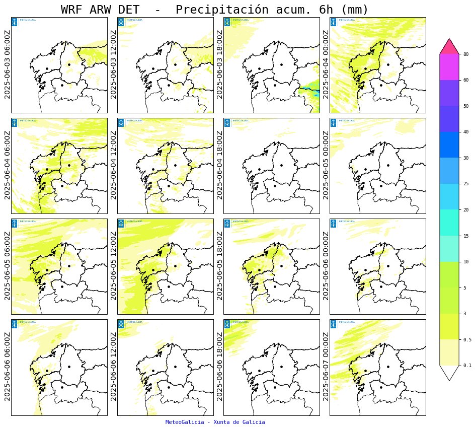 Na imaxe vese a chuvia prevista cada seis horas de hoxe e os 3 vindeiros días. Temos dous episodios   con chuvia pouco cuantiosa:
▫️Esta noite unha fronte pouco activa deixará chuvias febles na metade oeste.
▫️O xoves unha fronte cálida con orballos nas provincias atlánticas.