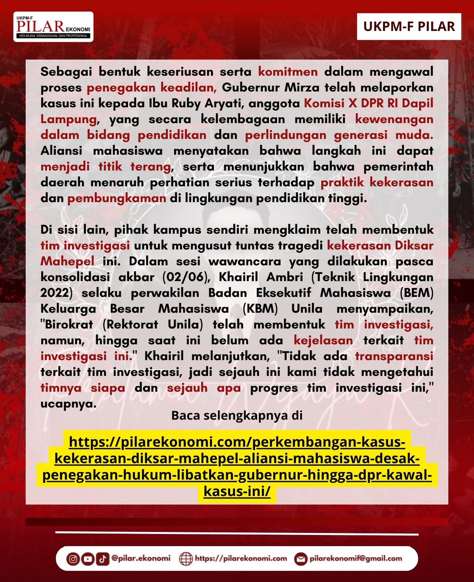 pilarekonomi_'s tweet photo. Sudah seminggu lebih, #Justiceforpratama selalu berkumandang, Namun hingga berita ini di tulis belum ada titik terang. Mahasiswa bersuara, Gubernur bertindak. Tapi transparansi kampus? Masih gelap.
#justiceforpratama #febunila #unila
Baca selengkapnya!
https://t.co/OGqOnMyMcY https://t.co/KDMxnLWxvE