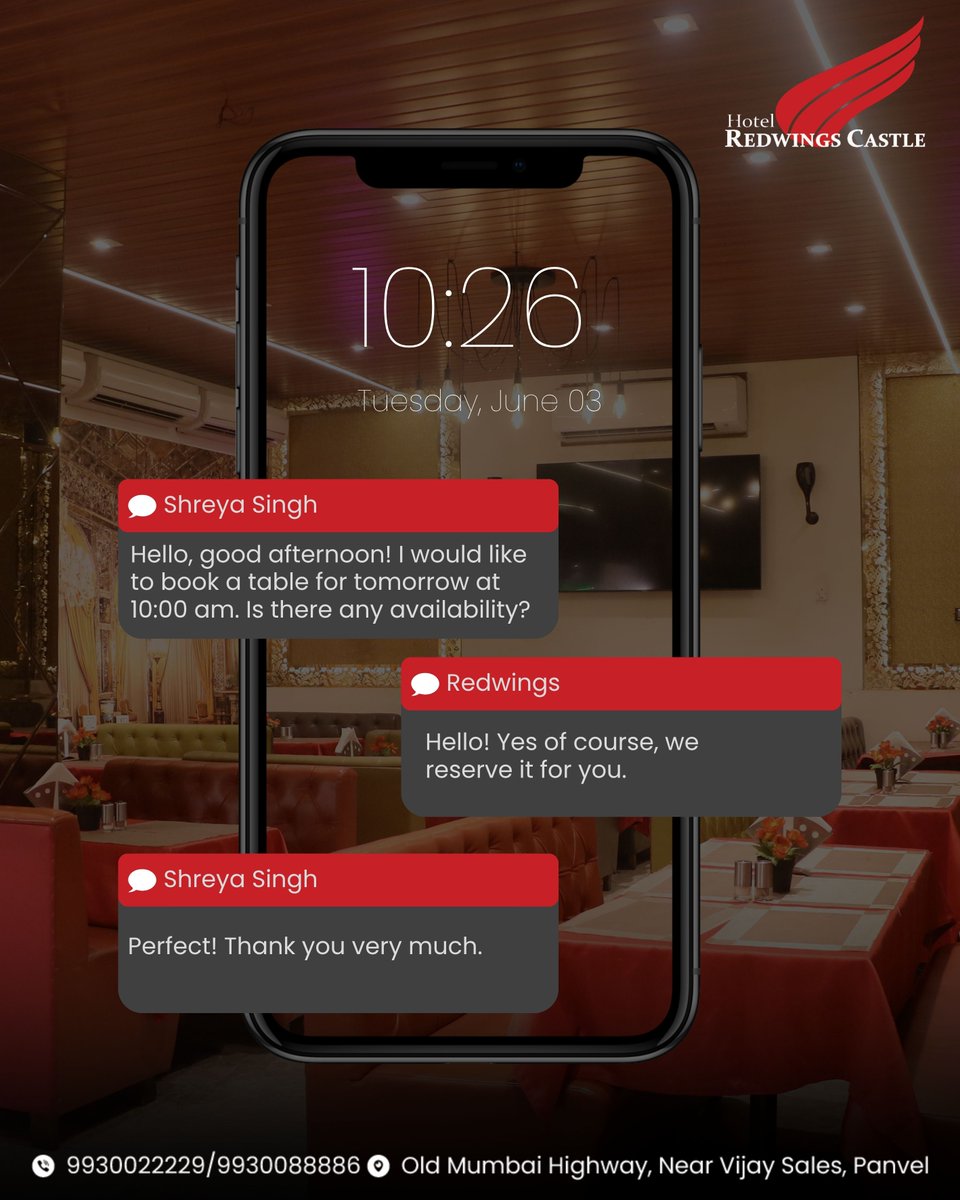 RedwingsHotel's tweet photo. Your table is just a message away! Experience easy reservations and seamless hospitality.
📞 Call us: 9930022229 / 9930088886
📍 Location: Old Mumbai Highway, Near Vijay Sales, Panvel
#RedwingsCastle #InstantBooking #RestaurantVibes #PanvelEats #SmartHospitality #DineWithEase https://t.co/SOwt5EPslH