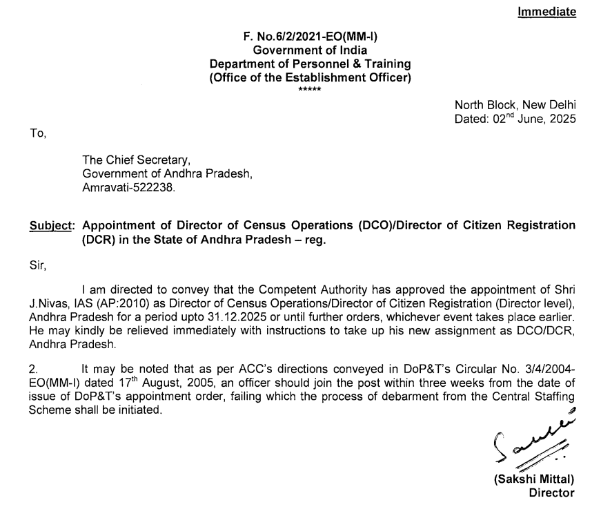 #BITransferPosting

J. Nivas, IAS (AP:2010), has been appointed as the Director of Census Operations / Director of Citizen Registration (DCO/DCR) in Andhra Pradesh. His tenure will extend up to 31st December 2025 or until further orders.

#transfer #posting #Bureaucracy