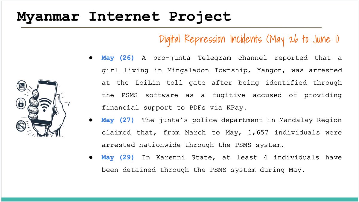 Myanmar_IP's tweet image. Digital Repression Incidents in Myanmar (May 19 to 25)
#FOE
#InternetShutDown
#Surveillance
#Digital_Repression
#WhatsHappeningInMyanmar
#KeepItOn
Full Report >>> myanmarinternet.info/digital-coup