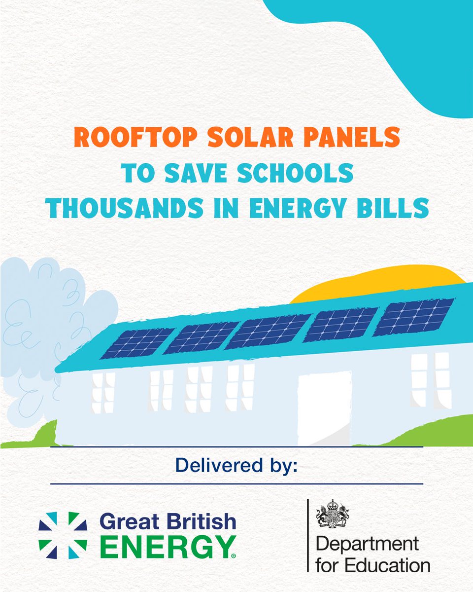 Great British Energy (@gbegovuk) on Twitter photo 11 schools in England have installed solar panels on their roofs, delivered by Great British Energy and <a href="/educationgovuk/">Department for Education</a>.
Schools from Bradford to Plymouth will save a total of more than £175,000 a year in energy bills, to reinvest in textbooks and teachers. 11 schools in England have installed solar panels on their roofs, delivered by Great British Energy and <a href="/educationgovuk/">Department for Education</a>.
Schools from Bradford to Plymouth will save a total of more than £175,000 a year in energy bills, to reinvest in textbooks and teachers.