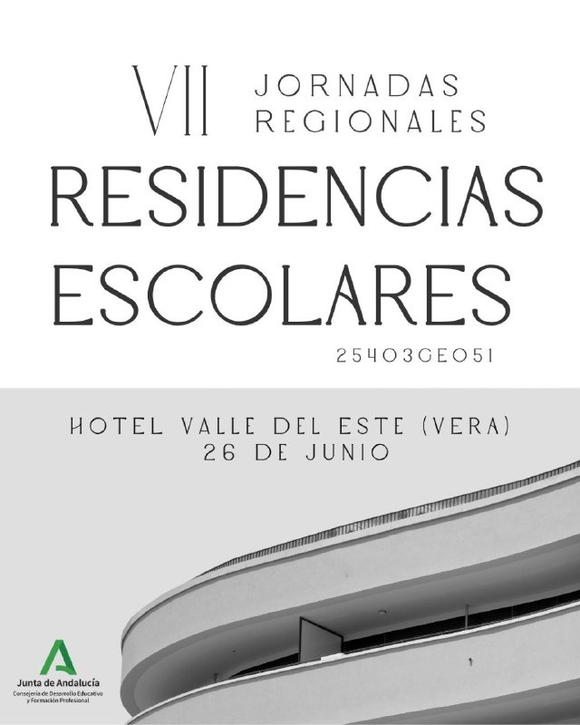 📣JORNADAS REGIONALES DE RESIDENCIAS ESCOLARES, 25403GE051. 
✏️Inscripción: Hasta 18/06/2025. 
📅 Actividad: 26/06/2025
🧭Lugar: HOTEL VALLE DEL ESTE (Vera. Almería)
🔗Más en: juntadeandalucia.es/educacion/secr…
#ResidenciasEscolares #Educación #JornadasRegionales #FormaciónDocente