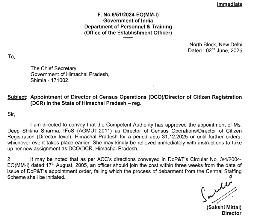 #BITransferPosting 

Deep Shikha Sharma, IFoS (AGMUT:2011), has been appointed as the Director of Census Operations / Director of Citizen Registration (DCO/DCR) for Himachal Pradesh at the Director level.

She will hold the position up to 31st December 2025 or until further