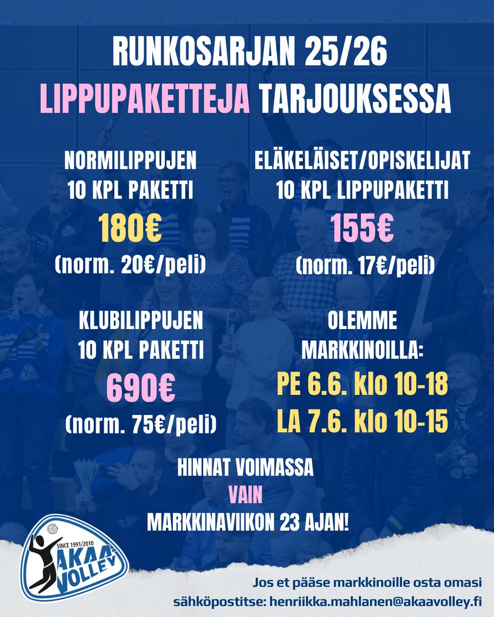 Akaa-Volley (@akaavolley) on Twitter photo SOPIMUSUUTINEN & LIPPUPAKETTEJA
Joku laittaa nimen paperiin perjantaina, mutta kuka?
+
Toijalassa järjestetään perinteiset markkinat 6-7.6 ja <a href="/AkaaVolley/">Akaa-Volley</a> myös mukana!
toijalanmarkkinat.fi
lisää: t.ly/_1P39
<a href="/mestaruusliiga/">Mestaruusliiga</a> #akaa #lentopallo SOPIMUSUUTINEN & LIPPUPAKETTEJA
Joku laittaa nimen paperiin perjantaina, mutta kuka?
+
Toijalassa järjestetään perinteiset markkinat 6-7.6 ja <a href="/AkaaVolley/">Akaa-Volley</a> myös mukana!
toijalanmarkkinat.fi
lisää: t.ly/_1P39
<a href="/mestaruusliiga/">Mestaruusliiga</a> #akaa #lentopallo
