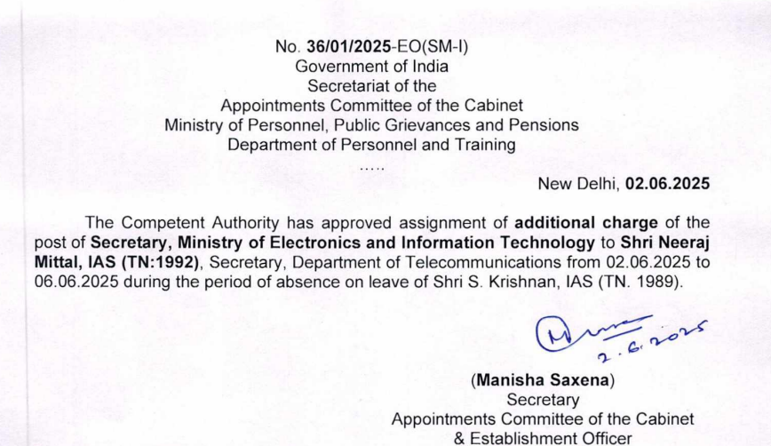 #BITransferPosting

Neeraj Mittal, IAS (TN:1992), Secretary, Department of Telecommunications, has been assigned additional charge of Secretary, Ministry of Electronics and Information Technology from 2nd June to 6th June 2025.

The appointment has been approved during the period