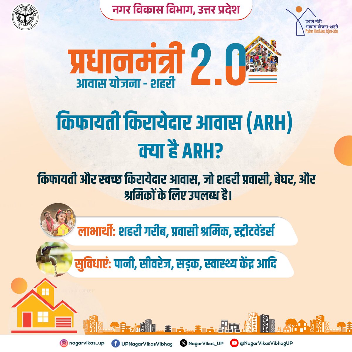 🏠 प्रधानमंत्री आवास योजना - शहरी 2.0 (PMAY-U 2.0)

किफायती किरायेदार आवास (ARH)
अब शहरी गरीब, प्रवासी श्रमिकों और स्ट्रीट वेंडर्स को मिल रहा है स्वच्छ, सुरक्षित और सस्ता किरायेदार आवास।

🔹 मूलभूत सुविधाएं — पानी, सीवरेज, सड़क, स्वास्थ्य केंद्र
🔹 सस्ती दरों पर आवास — गरिमा के