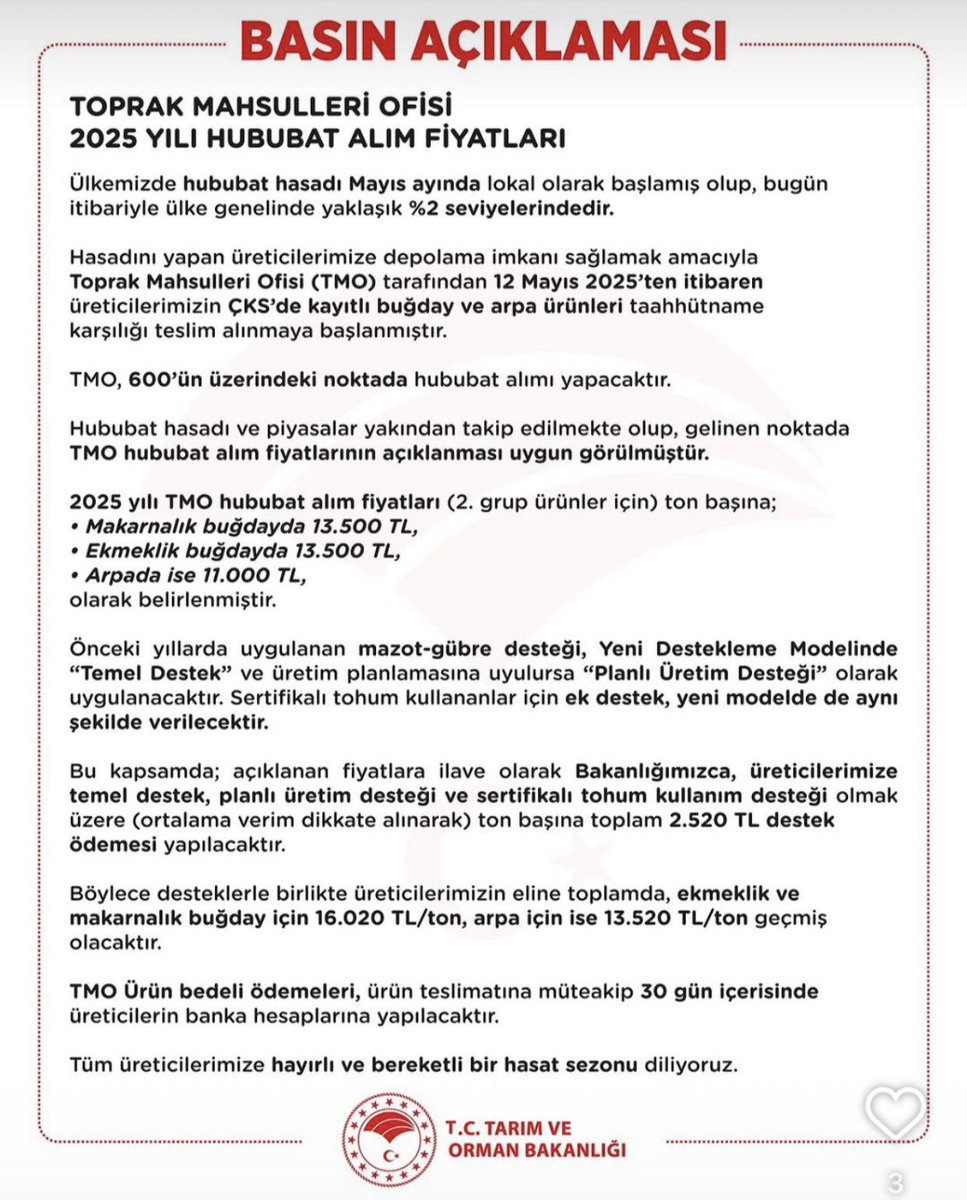Toprak Mahsülleri Ofisi 2025 Yılı Hububat Alım Fiyatları.