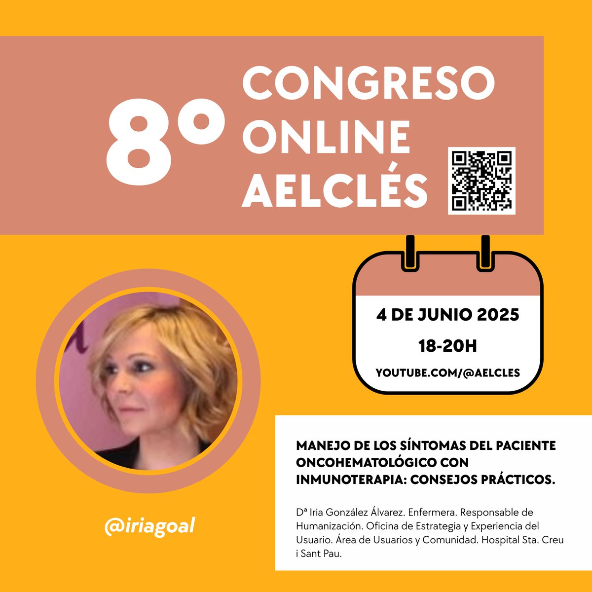 📅 Mañana, 4 de junio | 18h CET
💻 #8CongresoAELCLÉS
👩‍⚕️ Iria González <a href="/iriagoal/">iriagoal</a> nos hablará sobre

✔️ Tipos de inmunoterapia
✔️ Síntomas frecuentes
✔️ Consejos prácticos y hábitos saludables

🔗 Inscríbete: forms.gle/UD3c8Tqarn7We6…

#Pacientes #EnfermeríaOncológica #Inmunoterapia