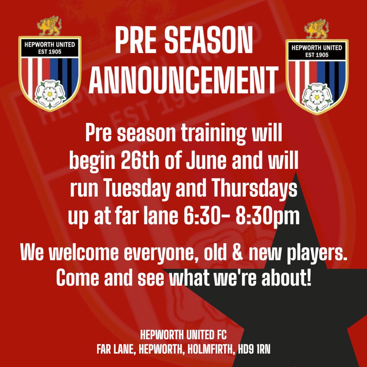 Pre season is fast approaching!
If you fancy a new challenge at a very well run club and a good standard why not join us for training?

OLD &amp; NEW PLAYERS ALL WELCOME 🔴⚫🔴⚫