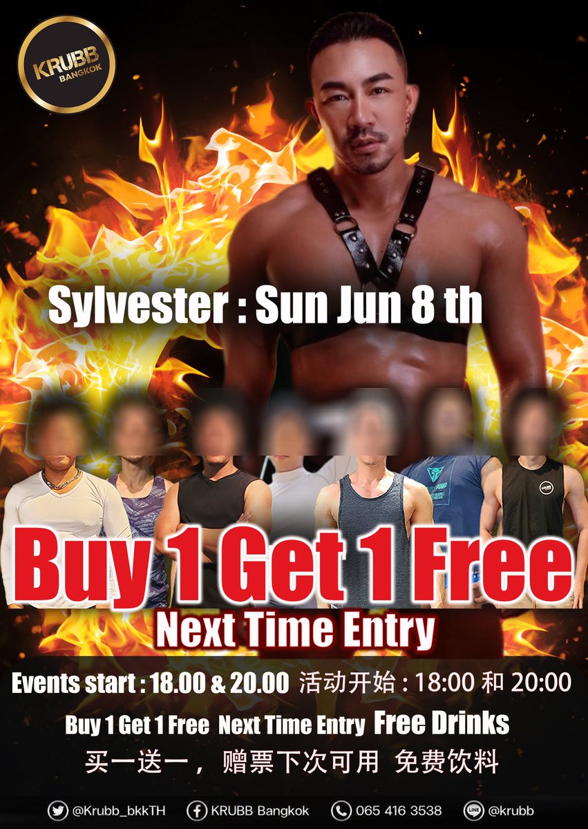 #Jun8th สนุกกันต่อกับ Sylvester พร้อมด้วยทีมงาน เวลาดี 2 ทุ่ม
Come and join our activities this Sunday at KRUBB Bangkok
🔥Party with Sylvester+Teams
✨โปรสุดพิเศษ 
🎫Buy 1 get 1 Free❗️
🥂Free Drink 
เวลาดี 20:00 น แล้วเจอกันครับบ์