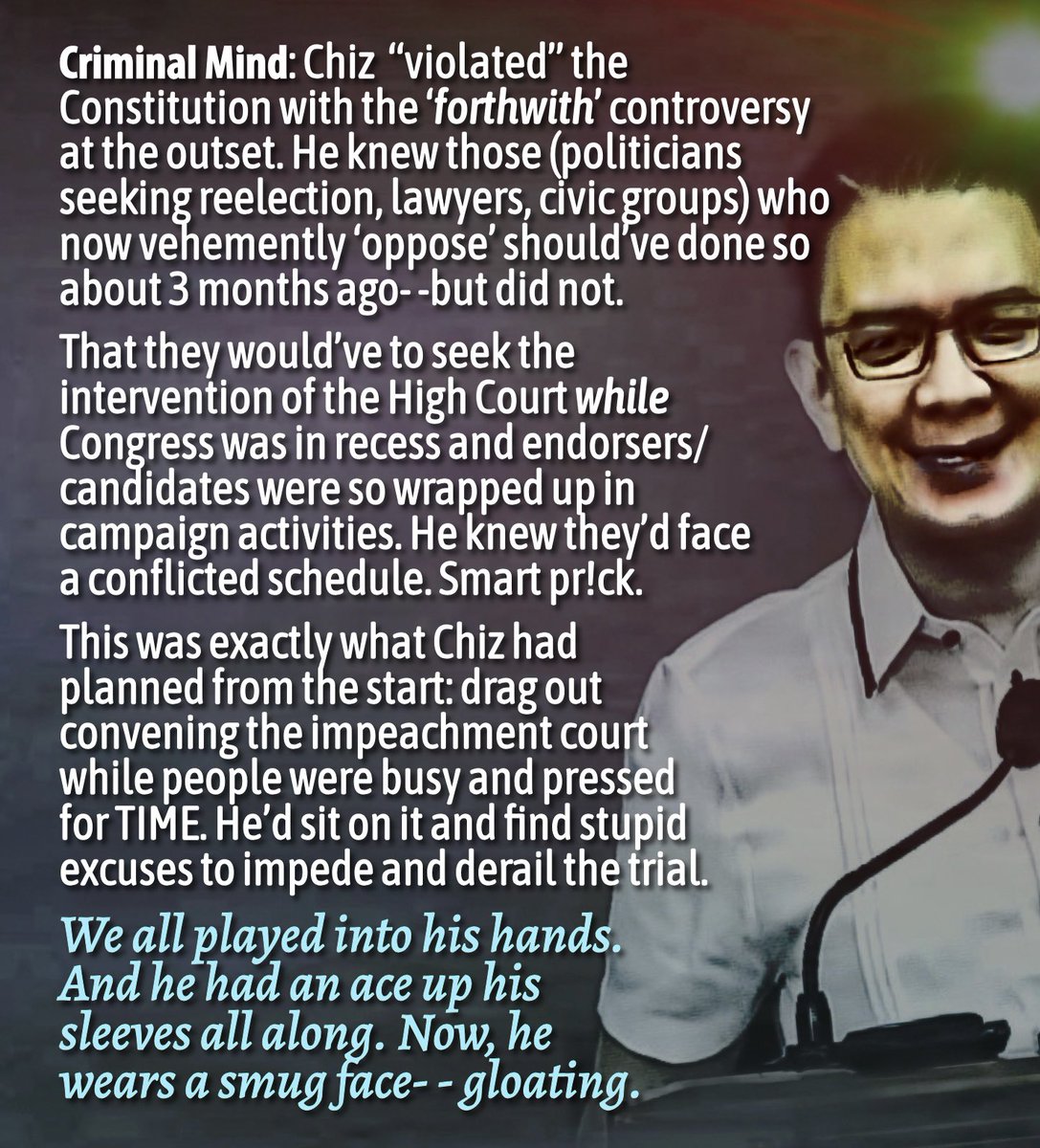 “Iginiit ni Senate Pres. Chiz Escudero na maaaring dalhin sa Korte Suprema ang anumang pagtutol sa hakbang ng Senado kaugnay ng impeachment trial ni Vice Pres. Sara Duterte.”

‘And risk being most hated over giving up greed &amp; political ambition? So be it. #FU