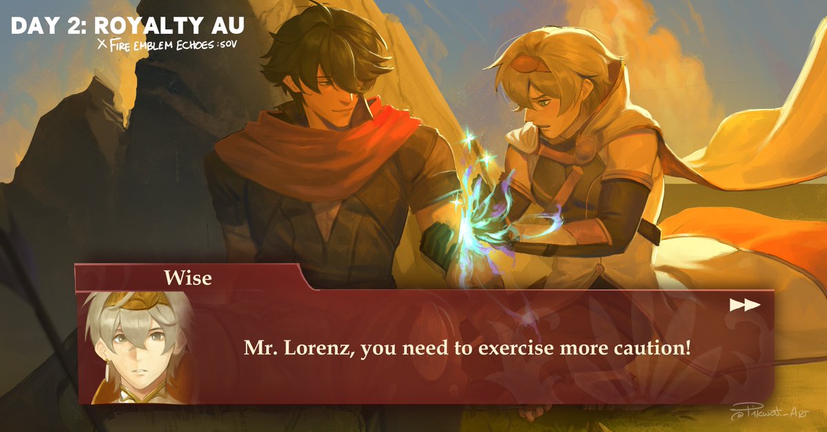 Day 2: Royalty AU (Dialogue in🧵)

-but it's also a Fire Emblem Echoes: SoV AU where its Royal Wise x Mercenary Lighter

#lighterwise #lighterwiseweek2025 #lighterwiseweek #イトアキ