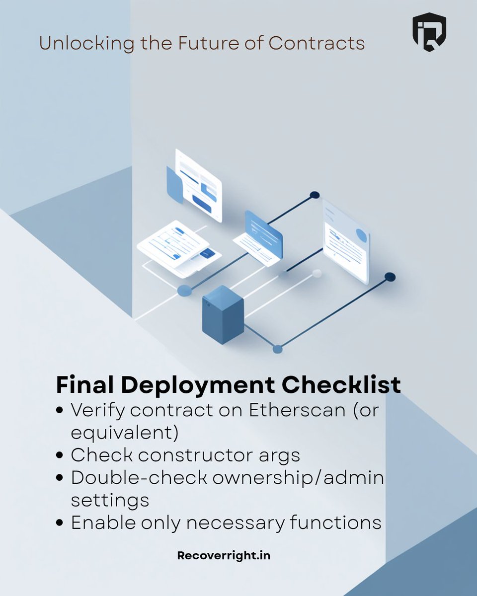 recoverrright's tweet image. Your pre-launch checklist:
✔️ Code quality
✔️ Security tests
✔️ Dependency safety
✔️ Gas optimization
✔️ Final review

#SolidityDev #AuditChecklist #SecureDeploy #ReentrancyCheck #GasEfficiency #Web3Builders