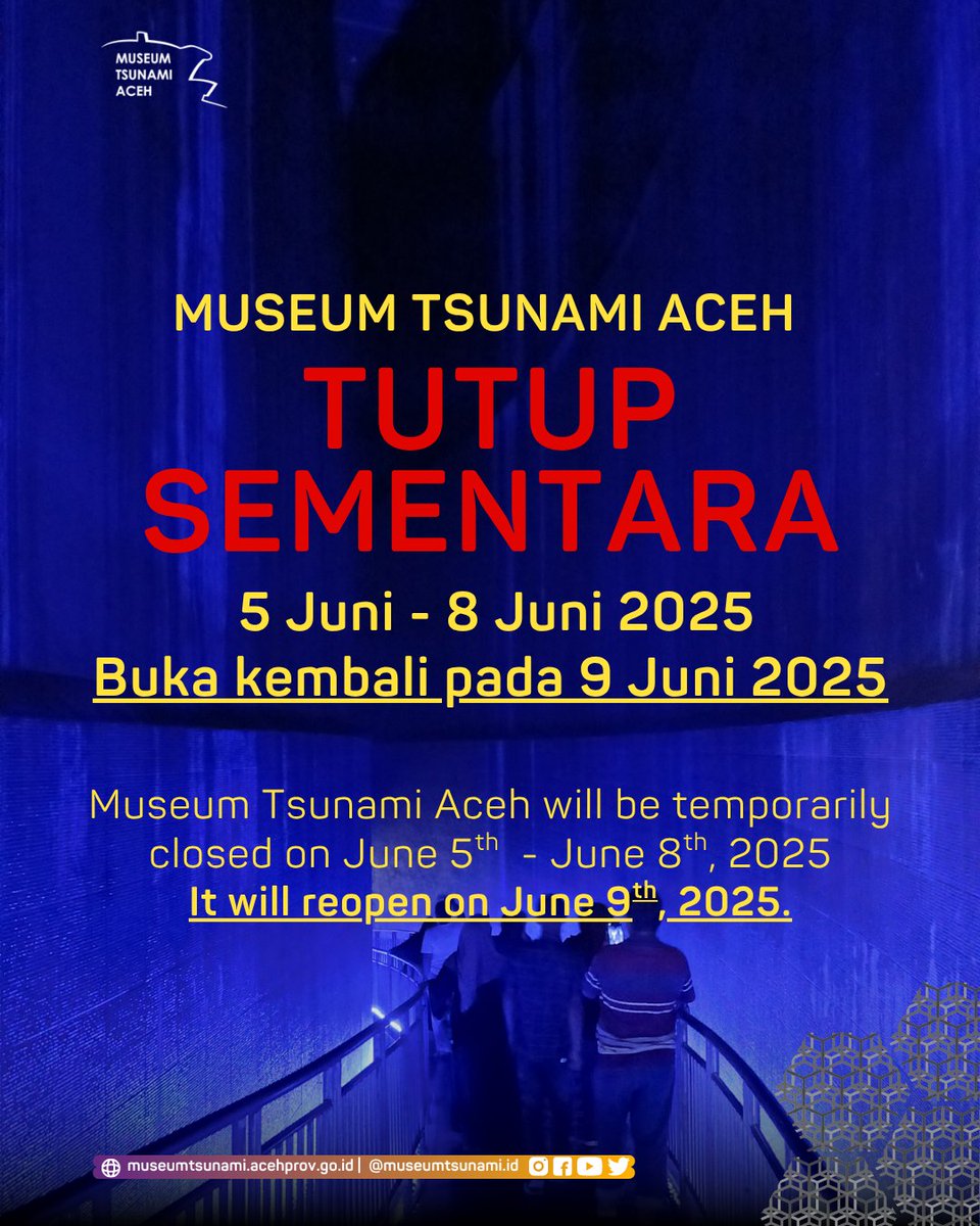 UPTD Museum Tsunami Aceh mengumumkan penutupan sementara operasional museum pada Kamis, 5 Juni 2025 hingga Minggu, 8 Juni 2025. 

Kegiatan museum akan kembali normal pada Senin, 9 Juni 2025 pukul 09.00 WIB, bertepatan dengan hari keempat Lebaran.
#museumtsunami