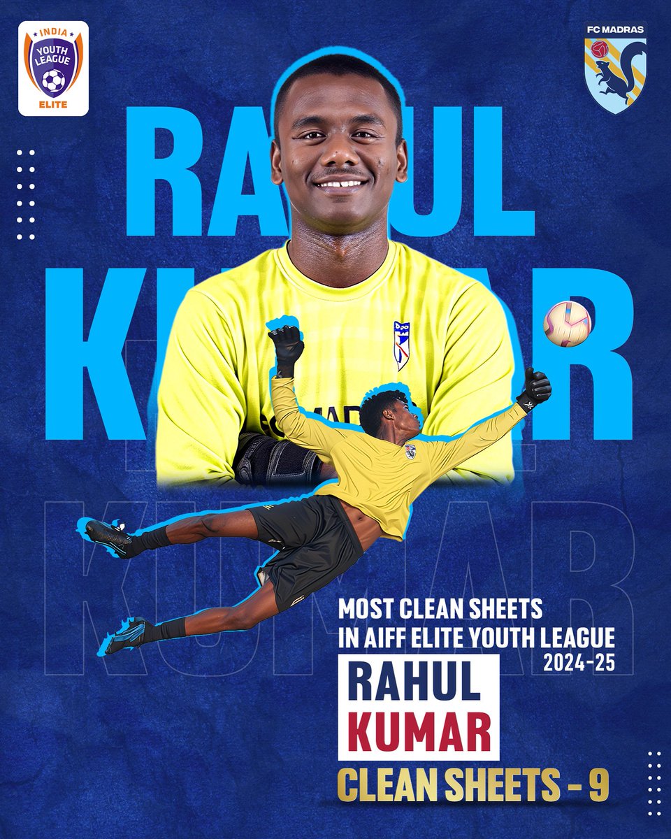 fcmadras's tweet photo. Wall at the Back ๐งฑ
Rahul leads the charts with the most clean sheets in the AIFF Elite Youth League 2024-25.
#FCMadras #AIFF #FCM #FlyingSquirrels #ChampionsForLife #WinningTogether #MadeInMadras
#AIFFYouthLeague #AIFFEliteLeague https://t.co/DClesjCv2i
