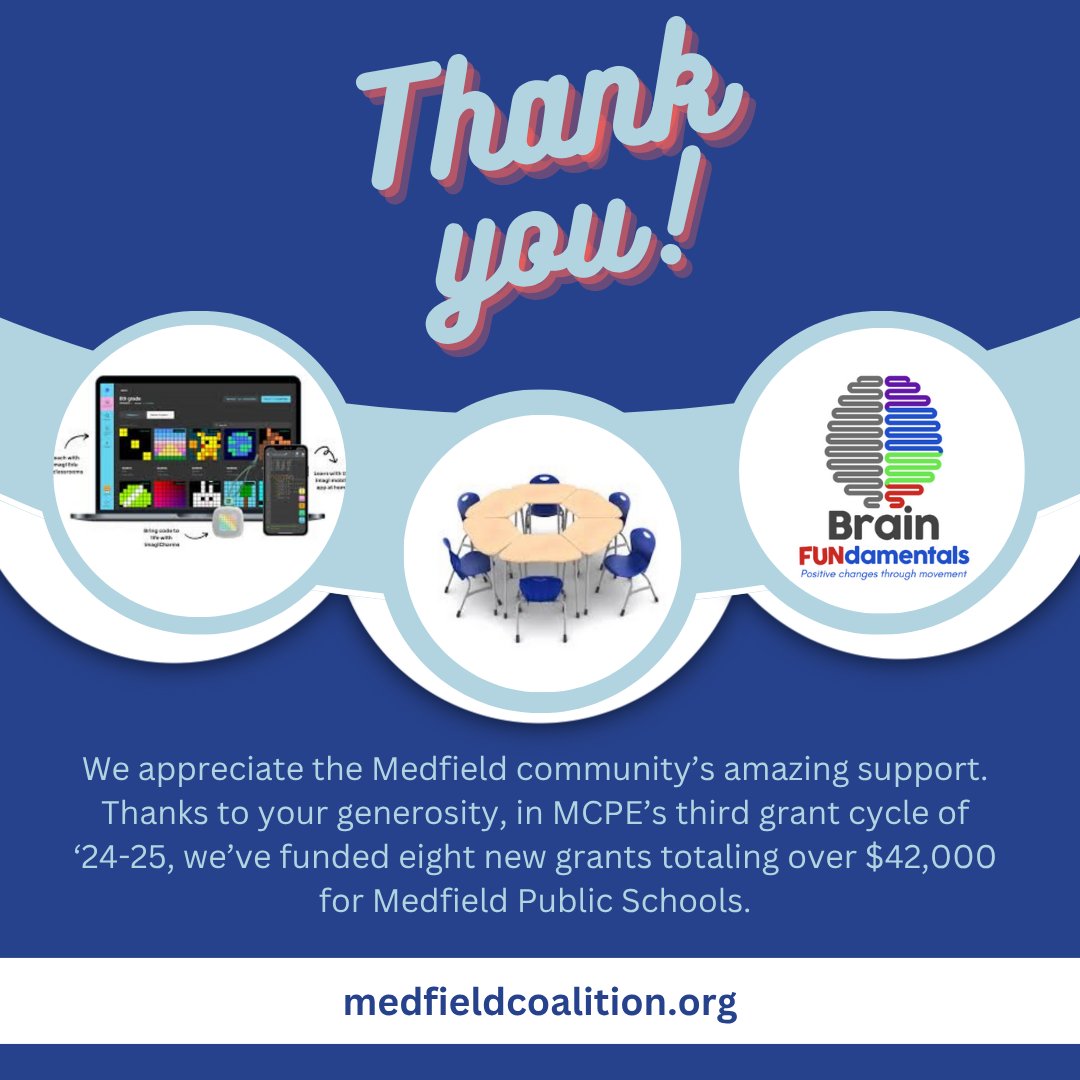 Thank you to our Medfield community for your support of MCPE and Medfield Public Schools! Thanks to your generosity, in MCPE’s third grant cycle of ‘24-25, we’ve been able to fund eight grants totalling over $42,000 across four Medfield schools. #medfieldps