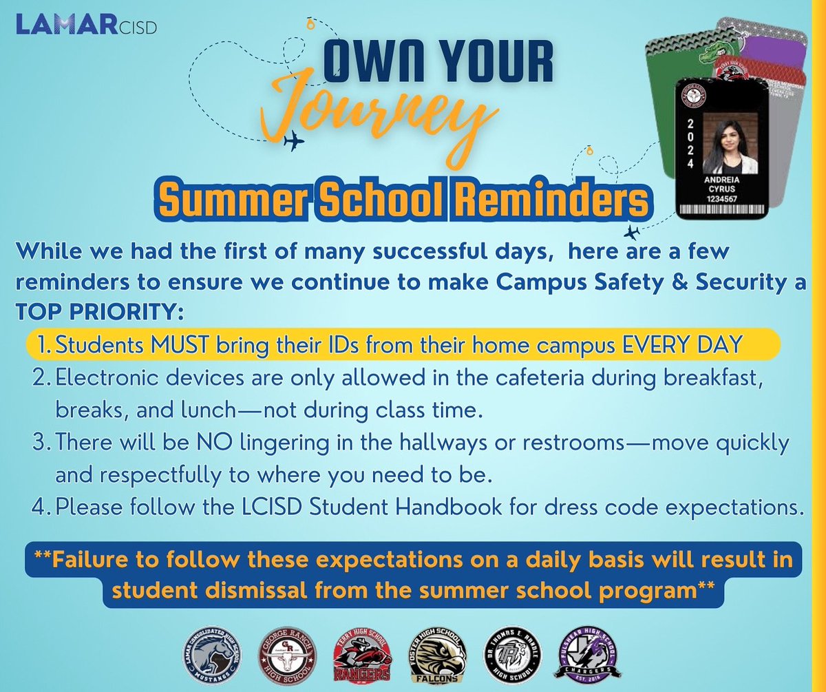 THELamarCHS's tweet image. π’ Attention Summer School Scholars!
Please take a moment to check out the attached graphic for important Summer School details.
Reminder: All students must bring their student ID each day. This is a mandatory requirement to help maintain a safe and secure campus for everyone.