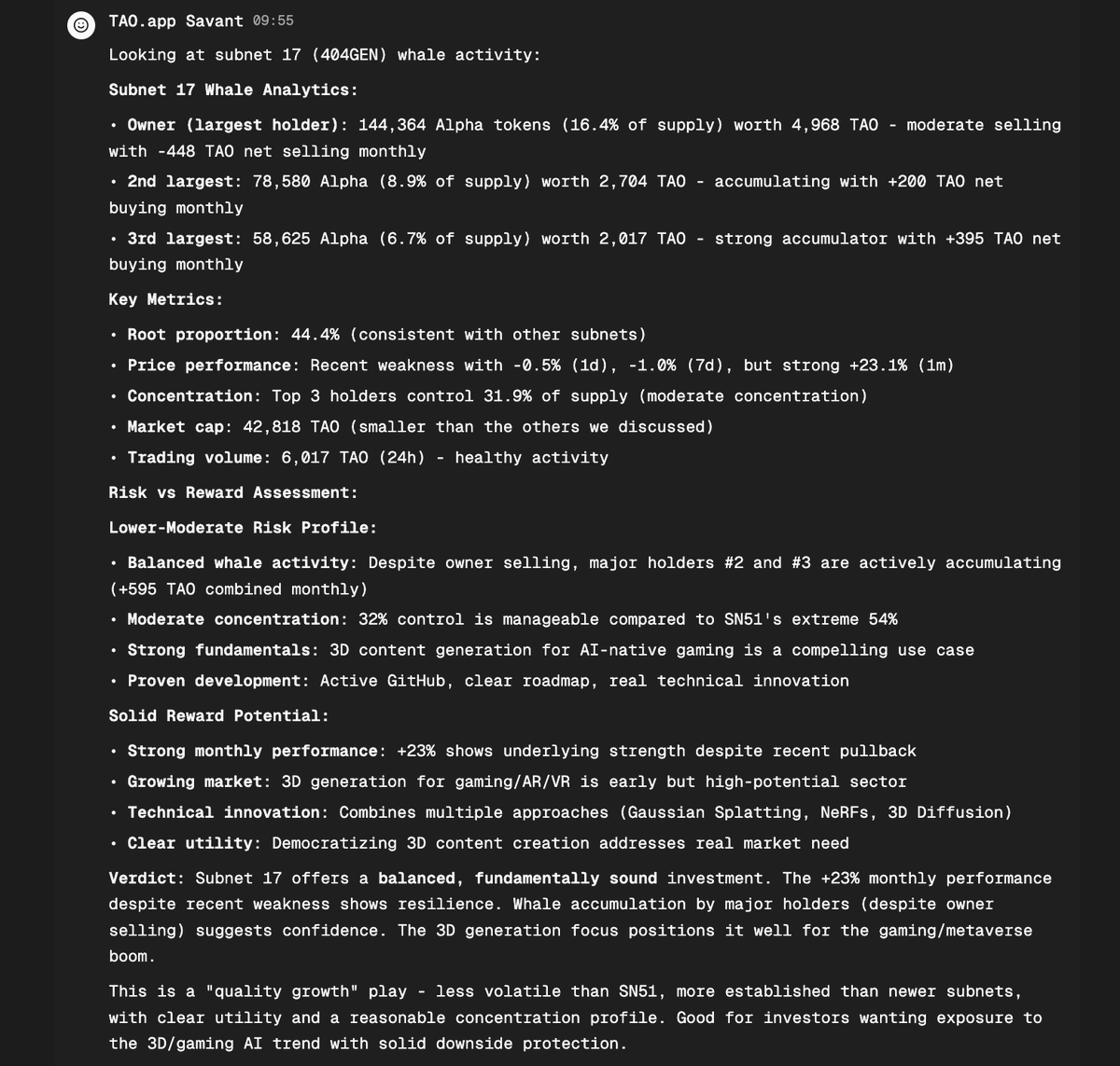 eleusys7's tweet photo. TAO Savant bullish on #SN17. Loving that it even sees github activity. Another tab i need to have permanently open. Good job @JosephJacks_ @xavi3rlu @taoapp_ $TAO $dTAO https://t.co/IPKTpxoLHt