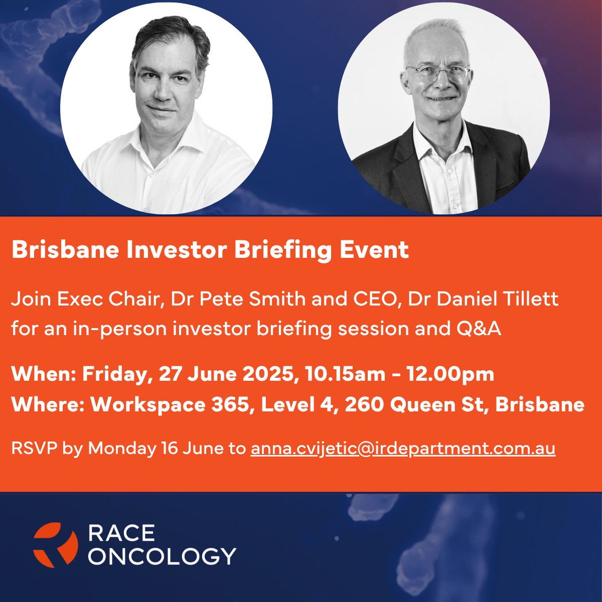 Race Oncology (@raceoncology) on Twitter photo <a href="/RaceOncology/">Race Oncology</a> is pleased to announce its attendance at the Gold Coast Investment Showcase by <a href="/VEvents_RIU/">Vertical Events</a> on 25-26 June, and an in-person investor briefing session in Brisbane on 27 June. More details on the events and how to register: announcements.raceoncology.com/announcements/⦠$RAC #GCIS <a href="/RaceOncology/">Race Oncology</a> is pleased to announce its attendance at the Gold Coast Investment Showcase by <a href="/VEvents_RIU/">Vertical Events</a> on 25-26 June, and an in-person investor briefing session in Brisbane on 27 June. More details on the events and how to register: announcements.raceoncology.com/announcements/⦠$RAC #GCIS