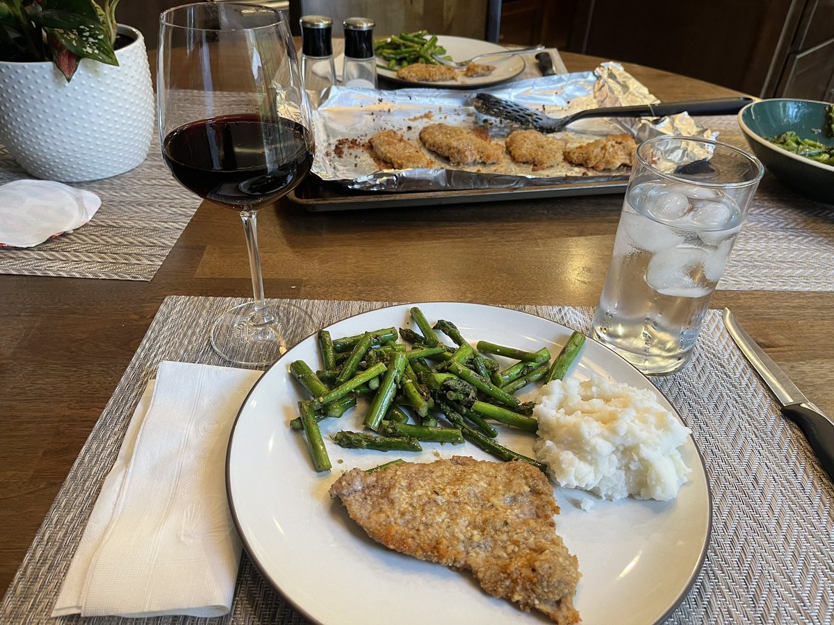 Thank you to everyone for the birthday wishes today that was for sure bittersweet - but Michele kept the Italian tradition alive of what my mom made me every year on this day - breaded veal cutlets (madiga meat), mashed potatoes, asparagus and of course a glass of vino - Salud!