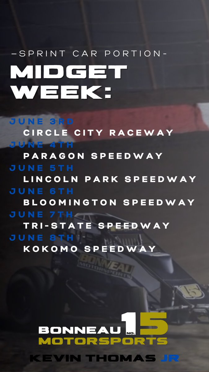 Kevin Thomas, Jr. (@kevinthomasjr) on Twitter photo Double Duty ALL WEEK!
Midget Week: <a href="/4KingsRacing/">4KingsRacing</a> No.14
Sprint Car: Bonneau Motorsports No.15 Double Duty ALL WEEK!
Midget Week: <a href="/4KingsRacing/">4KingsRacing</a> No.14
Sprint Car: Bonneau Motorsports No.15