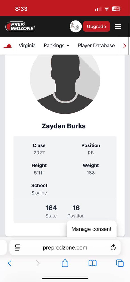 Burks_Zayden6's tweet image. Extremely blessed to be ranked 16th in my position and 164 in the co/27 and in the state thank you @PrepRedzoneVA .