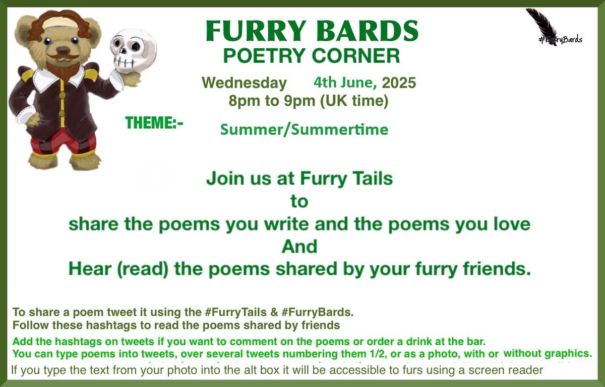 #FurryBards at #FurryTails Wednesday, June 4th
Theme: Summer/Summertime
<a href="/DCMonkey3/">DC The Dales Adventurer</a> <a href="/KeithRule58/">:keith 🏴󠁧󠁢󠁥󠁮󠁧󠁿🇬🇧✝️👀</a> <a href="/KevinDeUnicorn2/">Kevin De Unicorn 🦄</a> <a href="/MrFHBear/">Mr FH Bear</a> <a href="/NancyBear15/">Nancy Bear</a> <a href="/Peragwin1/">Peragwin</a> <a href="/NormanandImoge1/">Norman and Imogen 💘💘</a> <a href="/OwliviaO/">Owlivia and Olly Owls</a> <a href="/rupertrabbit123/">Rupert the Rabbit</a> <a href="/Tedonhols/">Mr T Bear</a> <a href="/TourGuideTed/">🇺🇦TourGuideTed©🧸🏳️‍🌈🐦🇪🇺</a> <a href="/VitCza/">Rocky 😸Tabitha 😽Bernee🐻🌈Vitcza🌈Barney</a> <a href="/all_fur_matters/">Fruma-Ruth</a> <a href="/AviwhiteGSD/">Avilovesdogsandcats❤️</a> <a href="/CartertheD/">Captain Carter the Dog</a> <a href="/JackAndTimos/">Jack & Timos - former strays Italia 🇮🇹</a>