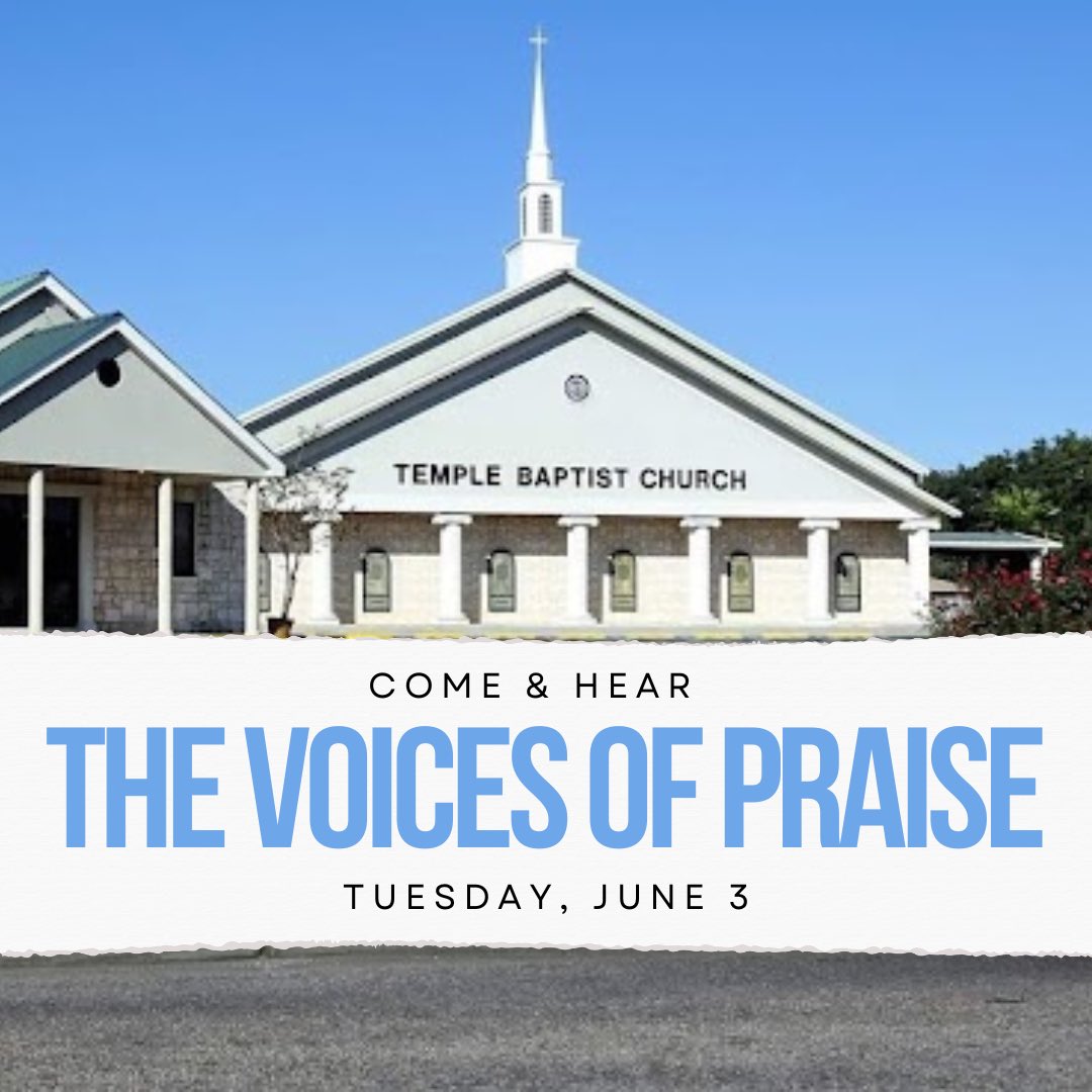If you’ve missed hearing The Voices of Praise, here’s your chance!

They’ll be singing Tuesday, June 3 at Temple Baptist Church in Gulfport, MS.

Contact the church office for times and details.

#VOP2025 #CBCplace2be #GulfportMS