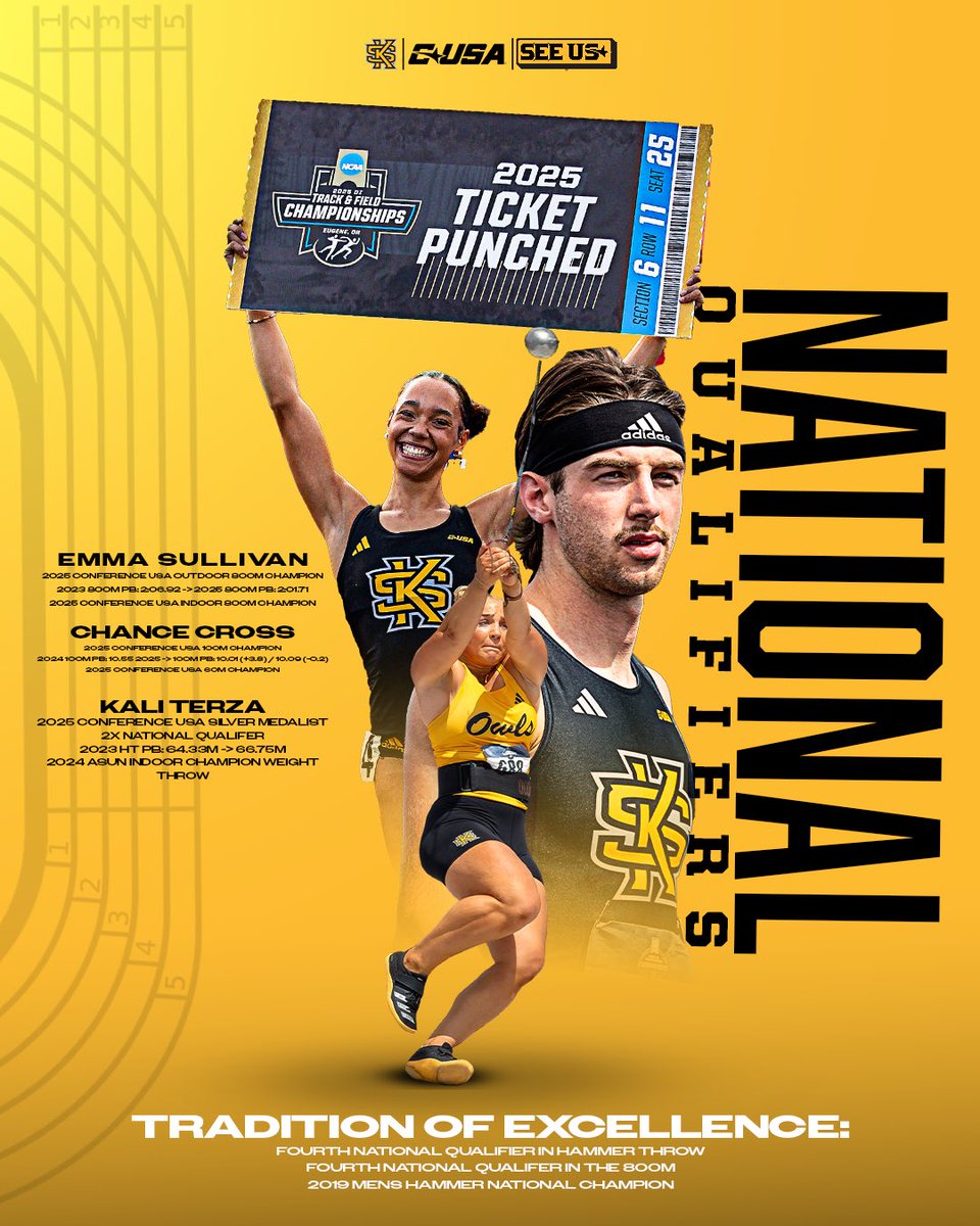 Kennesaw State TFXC (@ksutrackfieldxc) on Twitter photo These three will representing KSU in Eugene on June 11-14 β¦<a href="/NCAATrackField/">NCAA Track & Field</a>β© Championships! #HootyHoo | #ThinkBigger These three will representing KSU in Eugene on June 11-14 β¦<a href="/NCAATrackField/">NCAA Track & Field</a>β© Championships! #HootyHoo | #ThinkBigger