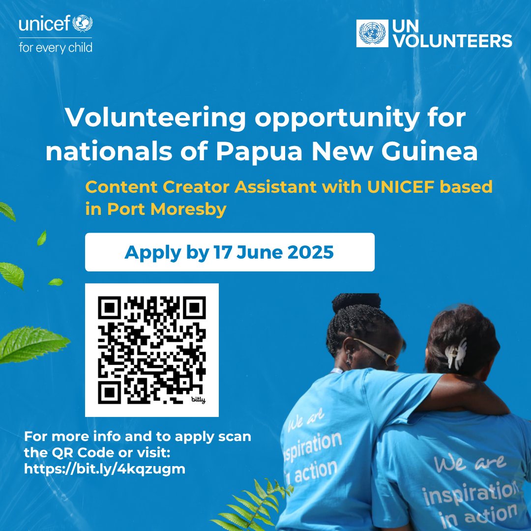 Join us as a National UN Youth Volunteer in Papua New Guinea to support vital projects and contribute to positive change in the region.   
📍 Organization: UNICEF, Papua New Guinea
💻 Link to apply: bit.ly/4kqzugm
✅ Monthly Volunteer Living Allowance: PGK 2441