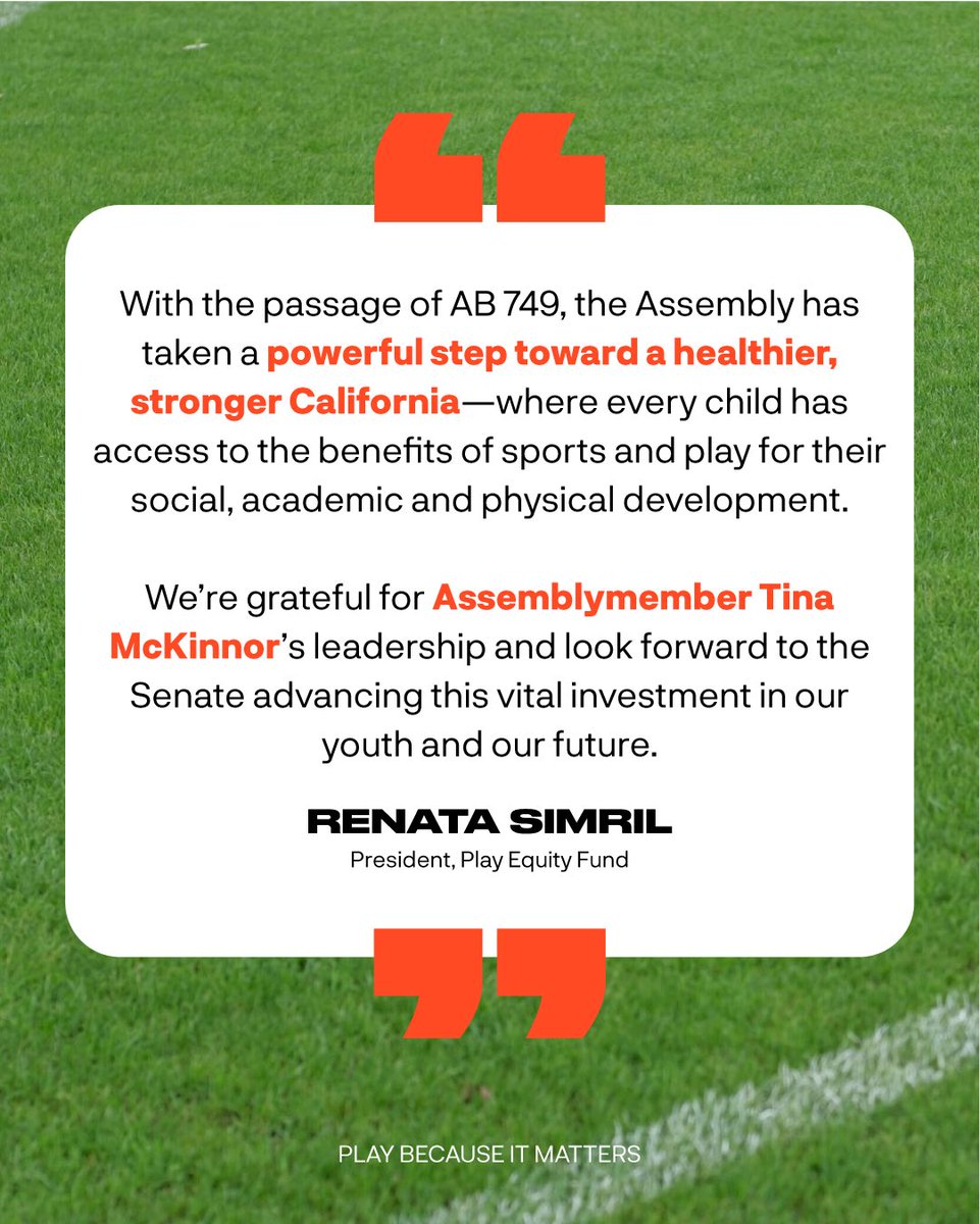 AB 749 the Youth Sports For All Act passed through the California State Assembly! AB 749 now continues its journey to the State Senate and we want to send a massive thank you to Assemblymember Tina McKinnor for her leadership in moving this bill forward.