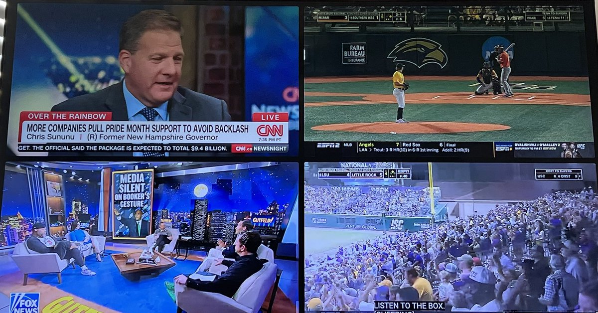 TheGreaterArea's tweet image. Two college baseball games, CNN, and Fox News all in one. This is America.