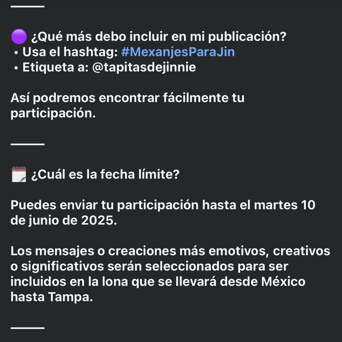 Gracias por ser parte

Tu amor por Jin y por este proyecto puede cruzar fronteras. ¡Juntas vamos a llevar el corazón de México hasta él! 💜

#MexanjesParaJin #KimSeokJin #RunSeokJinEpTour #BTS #Echo