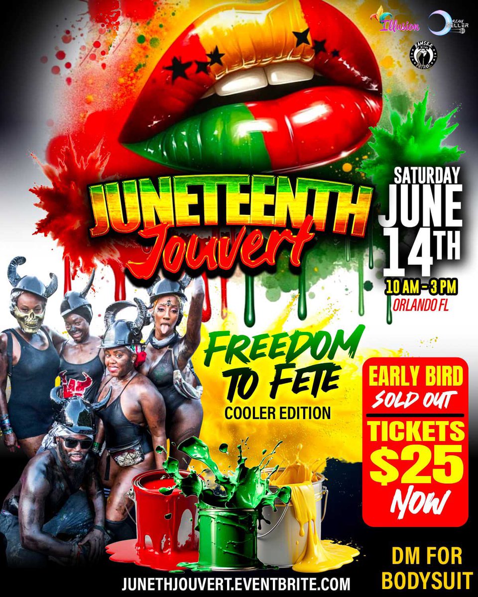 JUNETEENTH JOUVERT ‼️

🗓️ SatJune 14th | 🕙 10 am - 3 pm | 🍾 BYOB Cooler Edition | 💛NO Glass bottles |
❤️Paint,Powder,Water | 💚 Tickets Are In My Bio