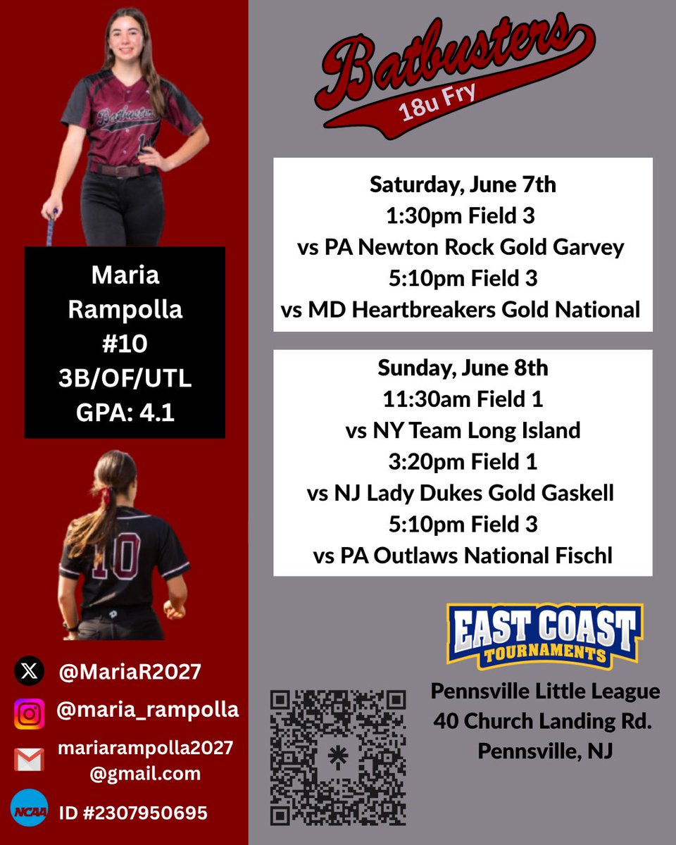 Maria Rampolla 2027 (@mariar2027) on Twitter photo Summer season kicks off this weekend!! Please come watch me and my teammates compete this weekend at East Coast Showcase. <a href="/LegacyLegendsS1/">Legacy & Legends Softball</a> <a href="/los_stuff/">Carlos Arias</a> <a href="/BoostSoftball/">Recruiting Boost Softball</a> <a href="/ExtraInningSB/">EXTRA INNING SOFTBALL</a> <a href="/LineDsoftball/">Line Drive Media</a> <a href="/CoastRecruits/">Coast 2 Coast Recruits</a> <a href="/SBRRetweets/">Softball Recruiting Reposts</a> <a href="/EastCoastFP/">East Coast Fastpitch Softball</a> <a href="/fastpitchwatch/">Fastpitch Watch</a> <a href="/TopPreps/">College Coach / College Scout / College Recruiter</a> <a href="/ALLNJSoftball/">NJ softball</a> Summer season kicks off this weekend!! Please come watch me and my teammates compete this weekend at East Coast Showcase. <a href="/LegacyLegendsS1/">Legacy & Legends Softball</a> <a href="/los_stuff/">Carlos Arias</a> <a href="/BoostSoftball/">Recruiting Boost Softball</a> <a href="/ExtraInningSB/">EXTRA INNING SOFTBALL</a> <a href="/LineDsoftball/">Line Drive Media</a> <a href="/CoastRecruits/">Coast 2 Coast Recruits</a> <a href="/SBRRetweets/">Softball Recruiting Reposts</a> <a href="/EastCoastFP/">East Coast Fastpitch Softball</a> <a href="/fastpitchwatch/">Fastpitch Watch</a> <a href="/TopPreps/">College Coach / College Scout / College Recruiter</a> <a href="/ALLNJSoftball/">NJ softball</a>