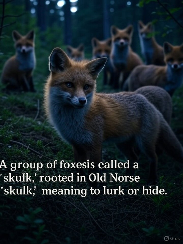 Fun fact of the day:

A group of foxes is called a "skulk," a term rooted in Old Norse "skulka," meaning to lurk or hide, reflecting foxes' stealthy nature. This name suits their cunning behavior, as foxes often move quietly to avoid detection. Other terms for a fox group include