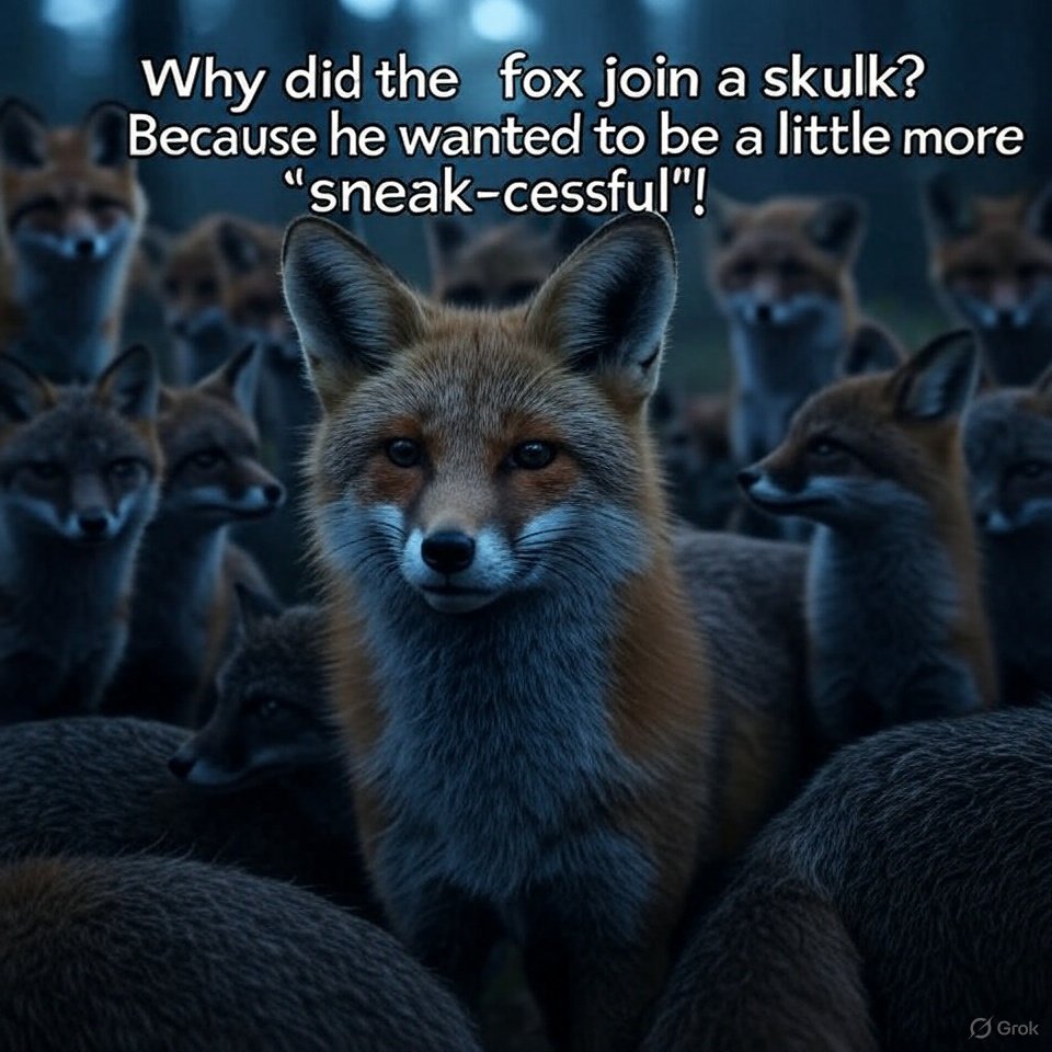 Foxy joke of the day:

Why did the fox join a skulk? 

Because he wanted to be a little more "sneak-cessful"!