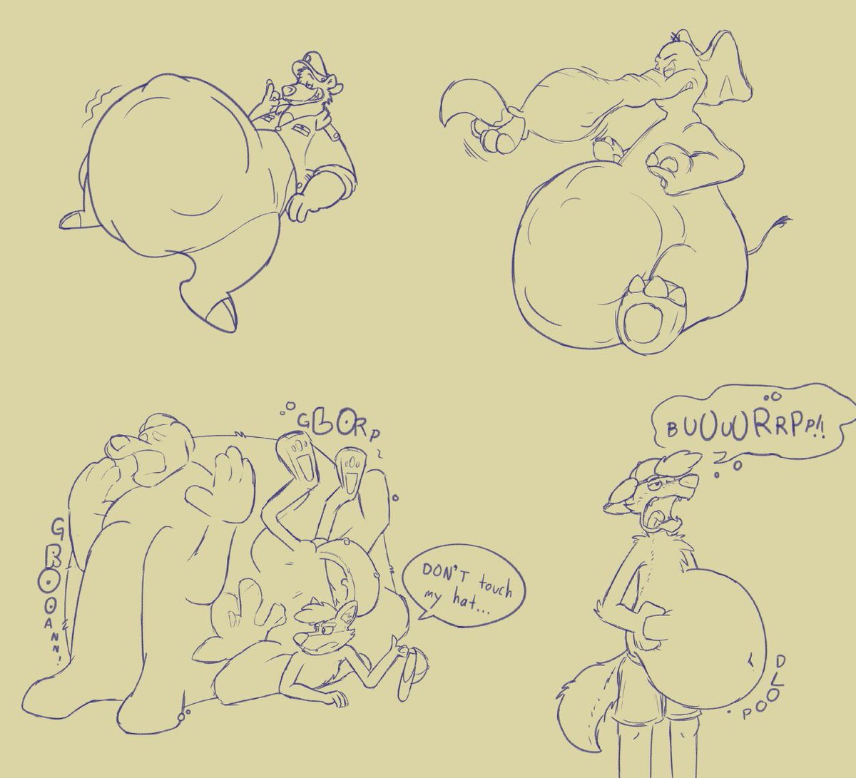 Recent sketches. Zeke's brothers should know by now not to steal his prized baseball cap. Also Nine gets a first-hand demonstration that cartoon elephant trunks like Horton's can do some pretty neat things.