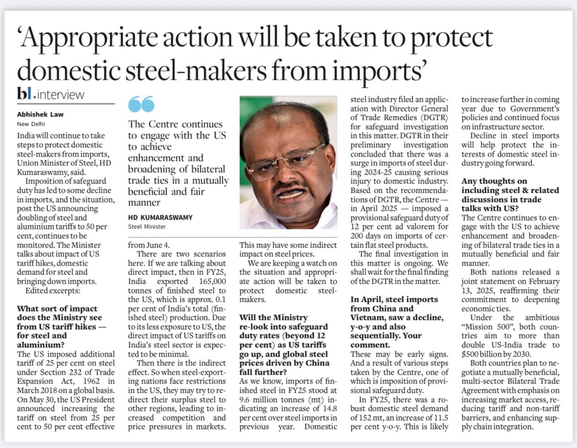 India will continue to take steps to protect domestic steel-makers from imports, Union Minister of Steel, HD Kumaraswamy told <a href="/businessline/">businessline</a> in an interview.
Imposition of safeguard duty has led to some decline in imports, and the situation, post the US announcing doubling of