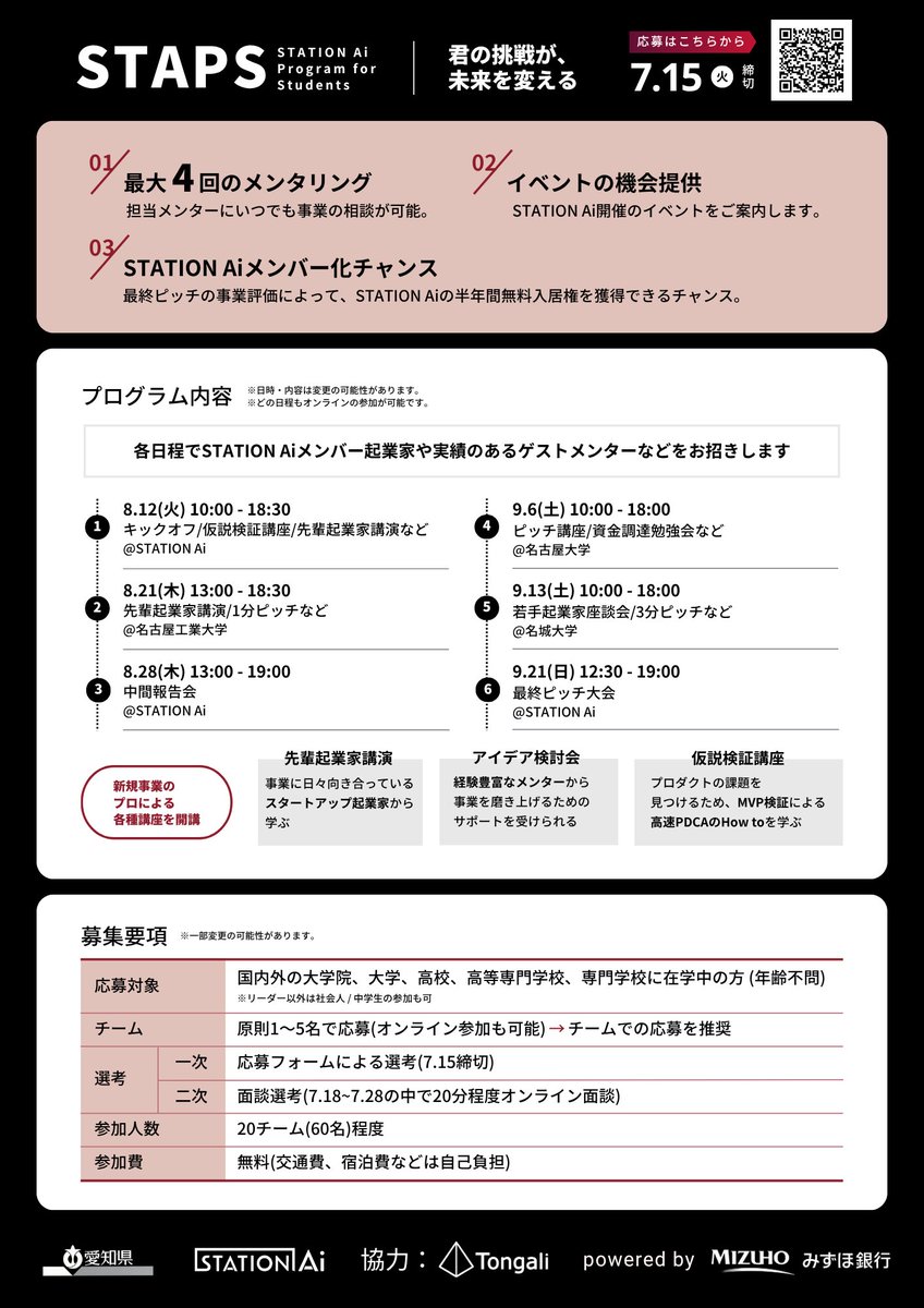STATIONAi_JP's tweet image. ※ご拡散お願いします😊
【🎉2025年夏STAPS応募開始🎉】
昨年からの開催で累計350名以上が参加し20名以上の起業家を輩出している学生起業家育成プログラム「STAPS」の応募を開始しました😆
「起業やスタートアップに興味がある」という方はぜひお申込みを🔥
stationai.co.jp/staps/main