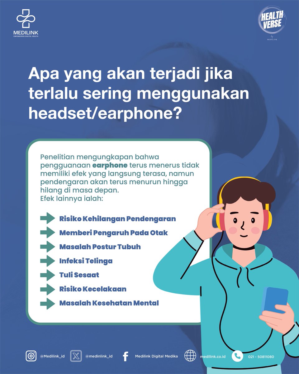 Medilink_ID's tweet photo. Hi #TemanMedilink

Yuk, mulai bijak dalam menggunakan headset. Istirahatkan telinga secara berkala, jaga volume di bawah 60%, dan batasi waktu penggunaan maksimal 60 menit sekali pakai. Telinga juga butuh istirahat, sama seperti tubuh kita

#MedilinkInfo https://t.co/czrow3igi6