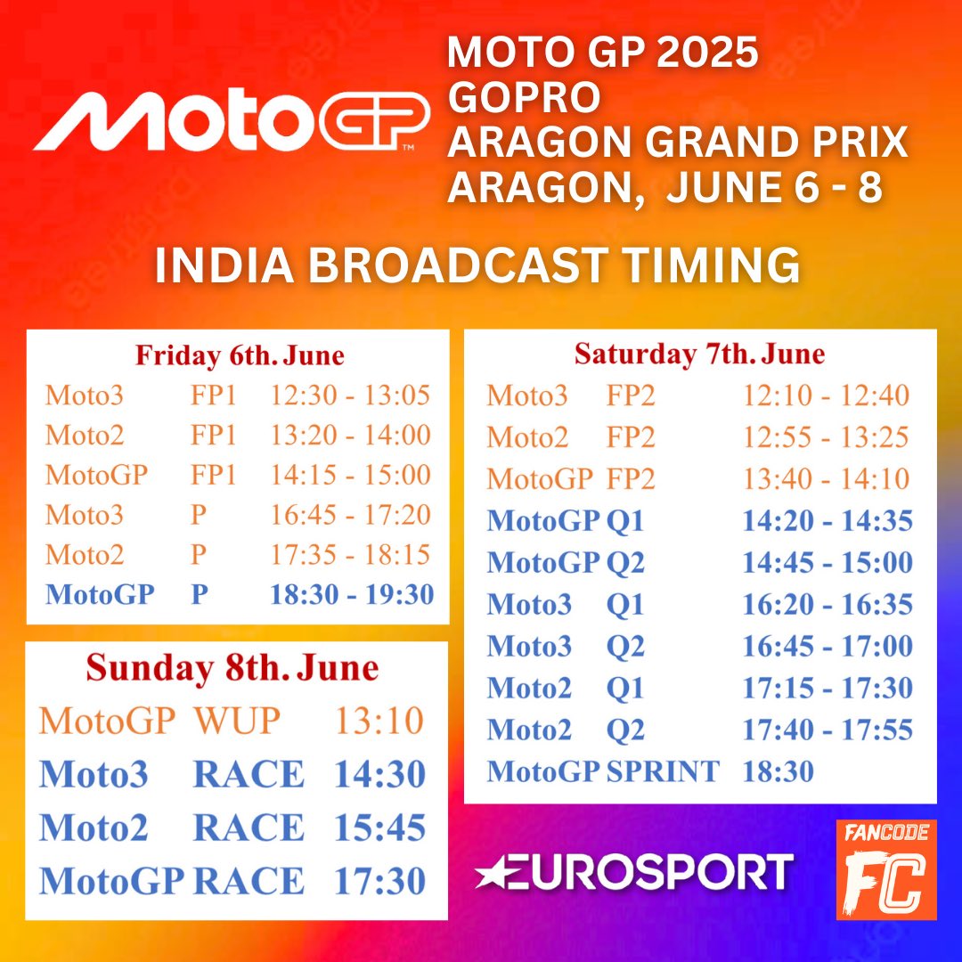 Here’s the <a href="/GoPro/">GoPro</a> #AragonGP <a href="/MotoGP/">MotoGP™🏁</a> #IndiaMotoGPBroadcastSchedule 🇮🇳 LIVE on <a href="/EurosportIN/">Eurosport India</a> and #FanCode! 💪

#MotoGP <a href="/SpainInIndia/">Spain in India</a> <a href="/ConEspMumbai/">Consulate General of Spain in Mumbai</a> <a href="/ICNuevaDelhi/">Instituto Cervantes New Delhi</a> #India <a href="/aragonturismo/">Turismo de Aragón</a> <a href="/AragonMotorLand/">MotorLand Aragón</a> <a href="/GoProIndia/">GoPro India</a>