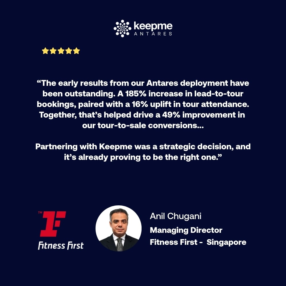 From lead-to-tour uplift to a huge leap in conversions, the early results from Keepme Antares at Fitness First Singapore speak for themselves

Full case study 👉 eu1.hubs.ly/H0kBs3X0

#CustomerSuccess #FitnessSales #AIinFitness #LeadConversion #KeepmeAntares #AISalesAgent