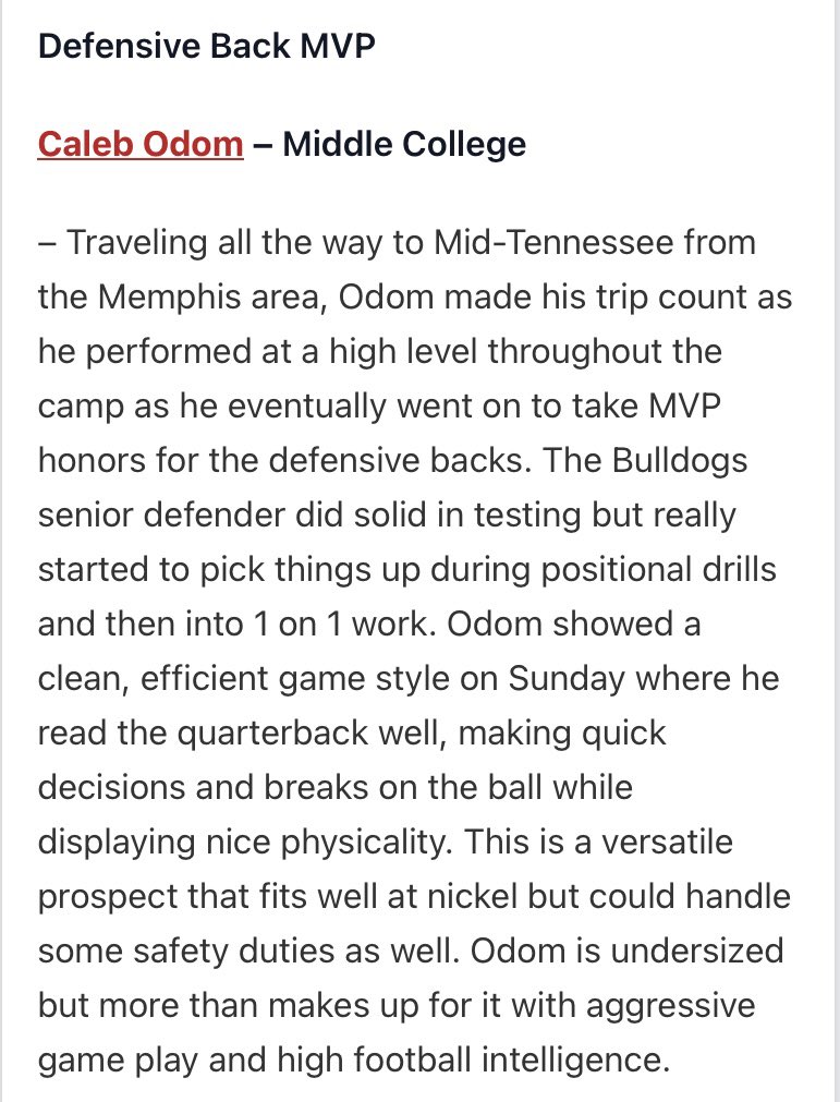 🌟Caleb Odom🌟 (@calebodom6) on Twitter photo I’m truly grateful to be named Defensive Back MVP at the Prep Redzone camp. I appreciate the recognition and the opportunity to showcase my skills,
staying focused🔥💯! <a href="/CSmithScout/">Chris Smith</a> <a href="/johnvarlas/">John Varlas</a> <a href="/NCEC_Recruiting/">NPA</a> <a href="/SteveDAnna1/">⭐️Coach Steve D'Anna⭐️</a> <a href="/TJW_Scout/">TJ Warner</a> <a href="/PrepRedzoneTN/">Prep Redzone Tennessee</a> I’m truly grateful to be named Defensive Back MVP at the Prep Redzone camp. I appreciate the recognition and the opportunity to showcase my skills,
staying focused🔥💯! <a href="/CSmithScout/">Chris Smith</a> <a href="/johnvarlas/">John Varlas</a> <a href="/NCEC_Recruiting/">NPA</a> <a href="/SteveDAnna1/">⭐️Coach Steve D'Anna⭐️</a> <a href="/TJW_Scout/">TJ Warner</a> <a href="/PrepRedzoneTN/">Prep Redzone Tennessee</a>
